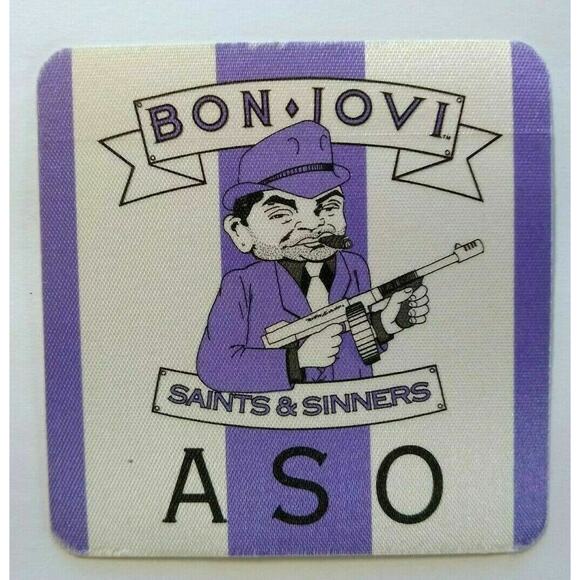 Bon Jovi Backstage Pass Gangster With Gun Original 1989 Rock Concert ASO Purple - Picture 1 of 2